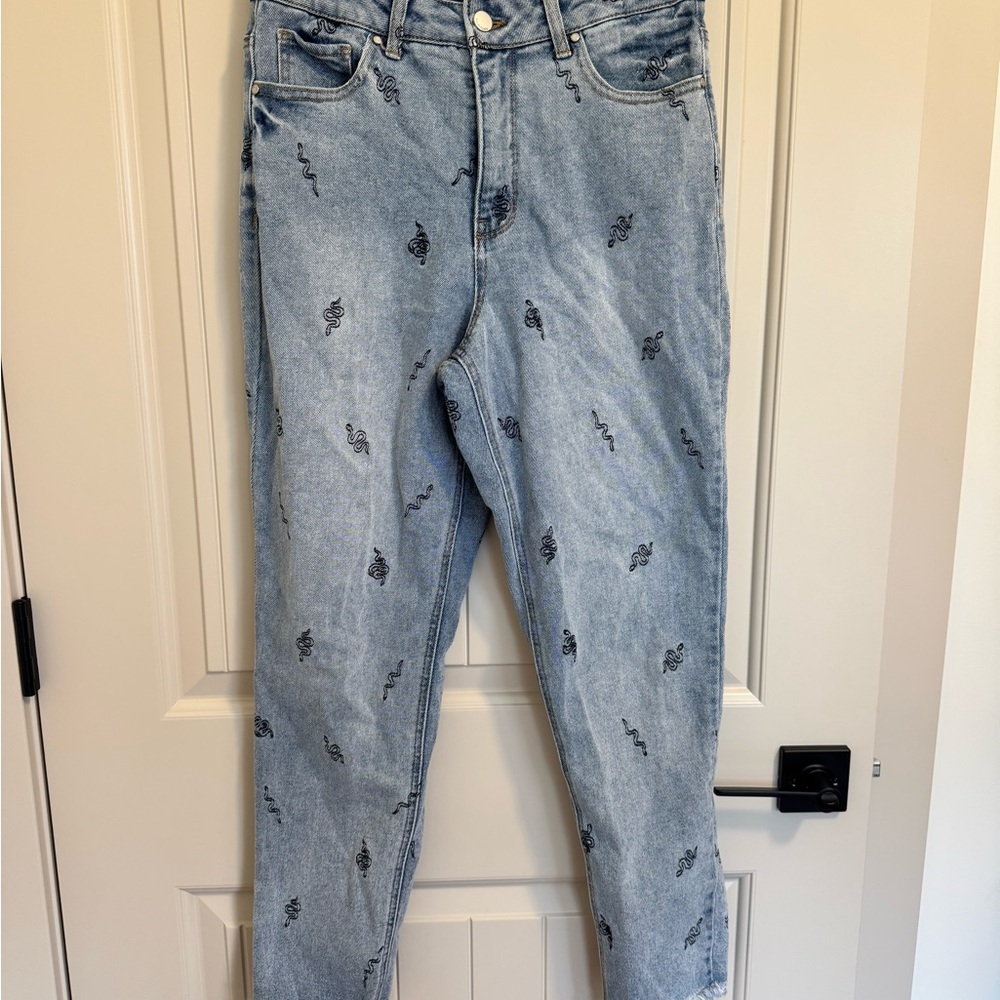 Women's Light Blue Snake Patterned Straight Leg Jeans
